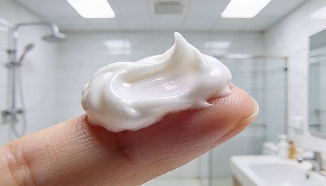 Holding glossy white moisturizer dollop on fingertip in modern bathroom skincare closeup