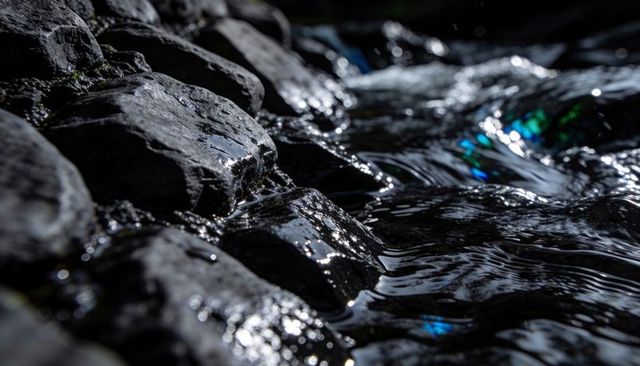 Glistening river rocks and rippling water with iridescent light reflections