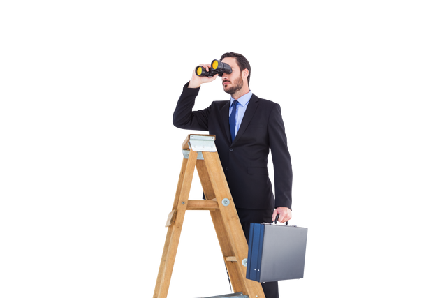 Transparent Businessman on Ladder Holding Briefcase and Binoculars - Download Free Stock Videos Pikwizard.com