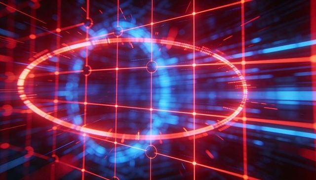 Pulsing Neon Elliptical Ring Moving Through Futuristic Holographic Data Grid Tunnel
