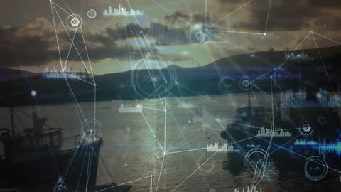 Digital Network Visualization Over Serene Sunset Waters