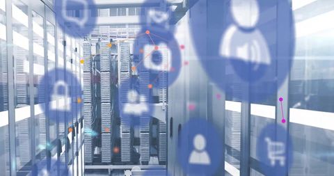 Futuristic server room with digital interface and icons overlay