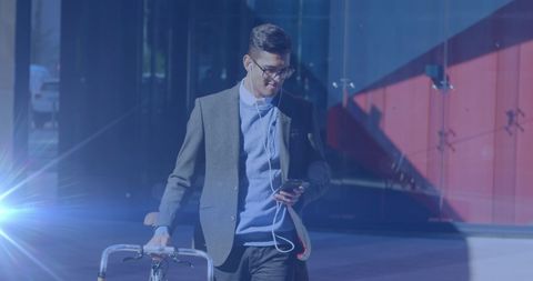 Professional on Bicycle Commuting with Smartphone on Sunny Day