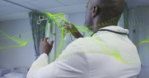 Physician adjusting iv pole with augmented reality data overlay, medical technology, ai