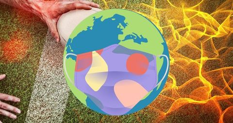 Athlete Grasping Football as Masked Globe Highlights Health Concerns