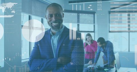 Successful Businessman with Financial Graphs Overlay in Modern Office - Download Free Stock Images Pikwizard.com