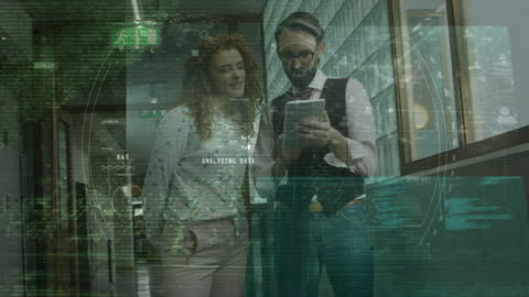 Business Professionals Engaging with High-Tech Digital Interface