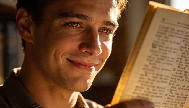 Young man smiling while reading vintage newspaper in warm golden window light