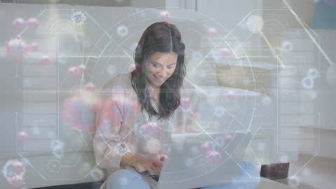 Woman Using Laptop Amidst Animated Virus Cells and Digital Interface