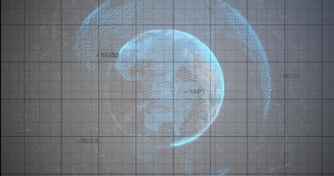 Holographic globe pulsing cyan over grid with telemetry overlays and futuristic data arcs