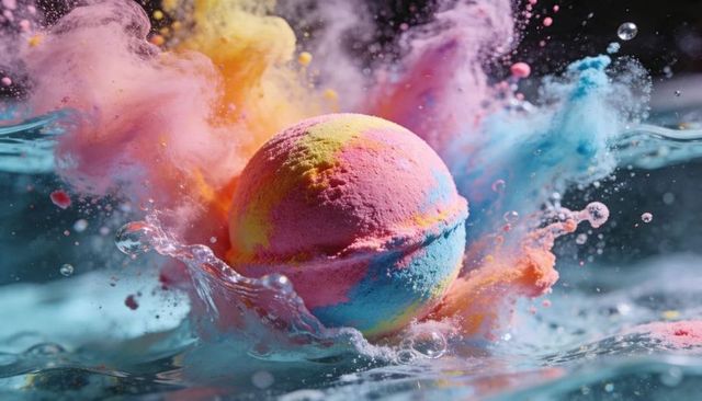 Vibrant exploding bath bomb releasing pastel pigment clouds with dynamic water splashes