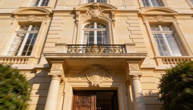 Sunlit neoclassical entrance with ornate gold balcony, carved pediment and parisian columns