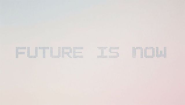 Future is now dot-matrix message on pastel gradient backdrop for modern tech branding