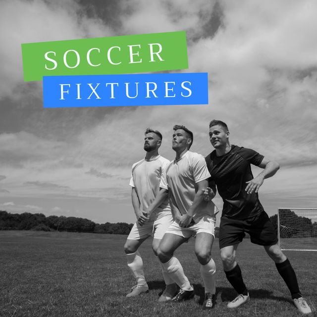 Three Caucasian male soccer players are competing energetically against each other on a grass pitch under a cloudy sky. Ideal for sports shop promotions, soccer event posters, or team spirit advertising.