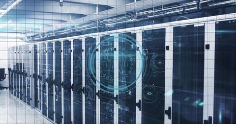 Futuristic Data Center Infrastructure with Digital Overlays