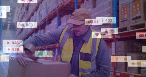 Warehouse worker lifting box in logistics warehouse with social media overlays