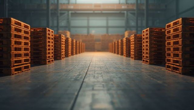 Industrial Warehouse Interior with Neatly Stacked Wooden Pallets