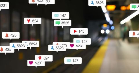 Social Media Icons Overlay on Urban Train Station Background