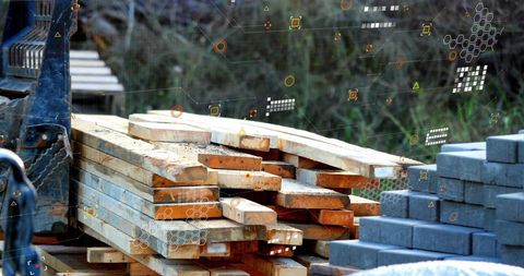 Digital Data Overlay with Wood and Bricks in Construction Scaffold - Download Free Stock Images Pikwizard.com