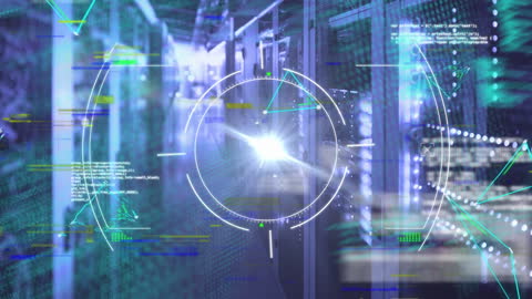 Digital Data Processing in Server Room with Scan Animation