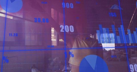 Woman Reflecting Through Glass Analyzing Blue Data Dashboard With Charts and Graphs