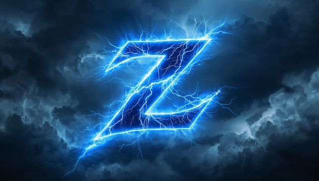 Electric blue letter z in stormy sky with lightning bolts