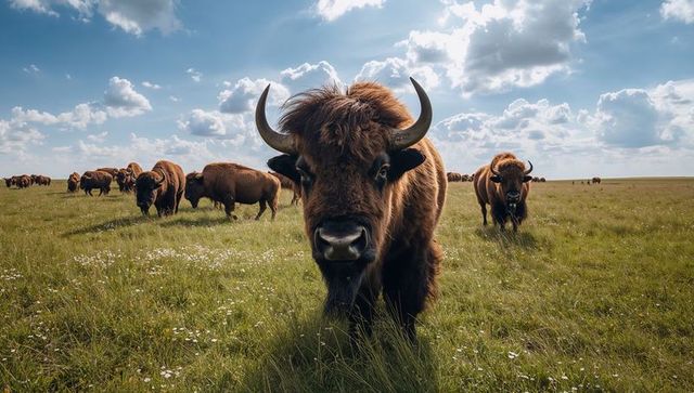 Grazing american bison herd approaching close-up across wildflower prairie under dramatic sky