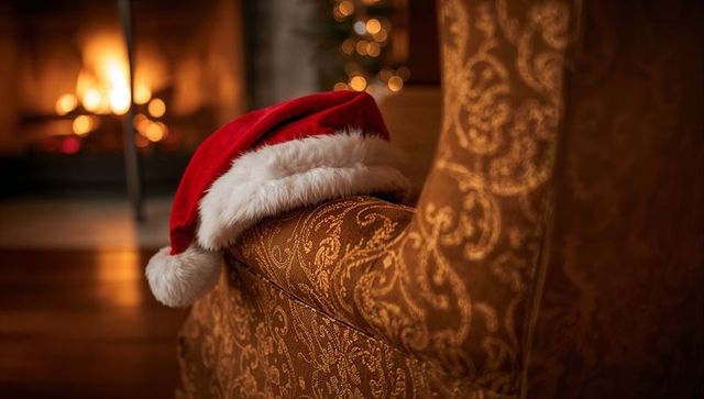 Resting Santa hat on vintage damask armchair with warm fireplace glow and bokeh lights