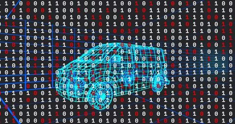 Hovering neon wireframe suv floating through binary matrix for autonomous vehicle concept