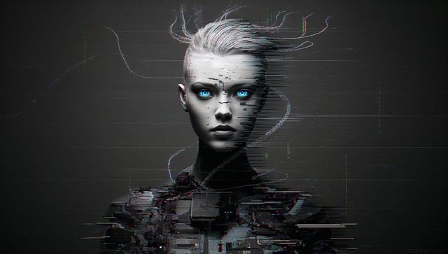 Futuristic Cybernetic Android with Glowing Eyes and Digital Glitches