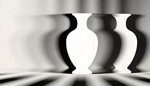 Monochrome amphora silhouettes creating optical illusion with striped shadows