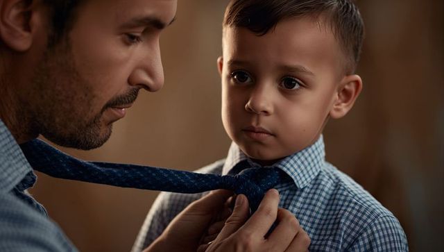 Father adjusting son tie close-up conveying tender morning bonding and dressing up