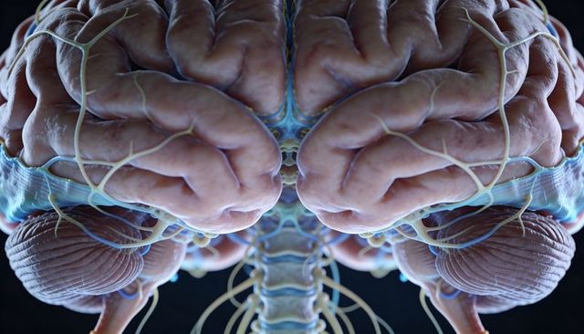 Detailed 3D Brain Anatomy Render Showing Cerebral Gyri, Nerves, Brainstem, Cerebellum