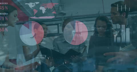 Business Team Analyzing Financial Data with Global Infographics