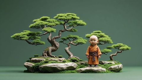 Serene novice monk surrounded by bonsai in studio display