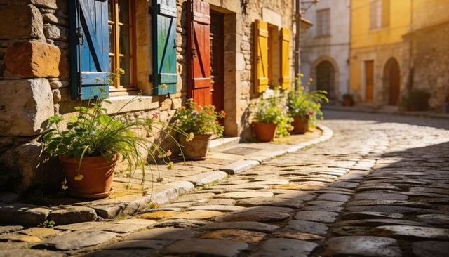 Sunlit Mediterranean cobblestone street featuring colorful shutters and terracotta planters