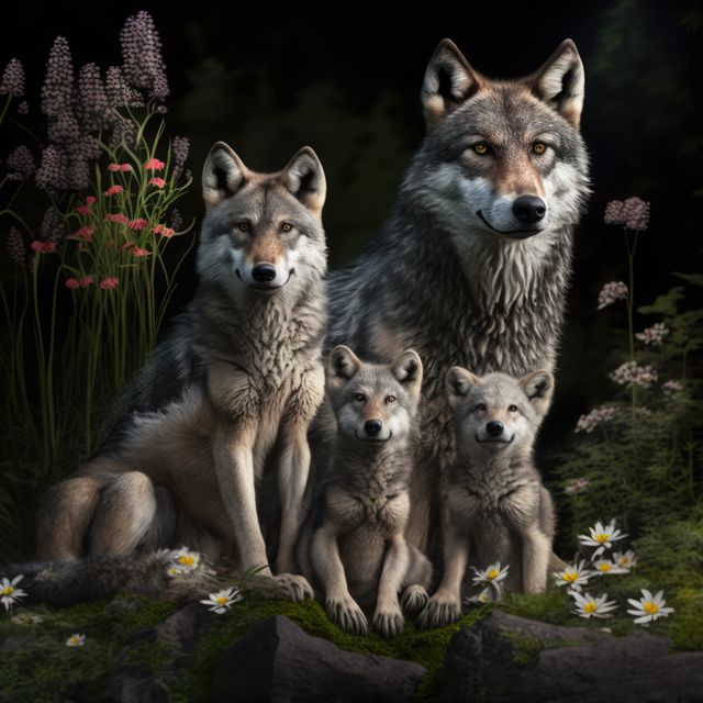 Gray wolf family posing together in a serene meadow at twilight. Ideal for wildlife conservation themes, nature articles, educational content on animal behavior and family unity. Can also be used in nature calendars, animal-related advertisements, or environmental campaigns to promote awareness.