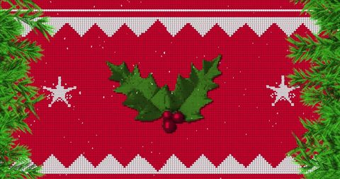 Festive Holly with Falling Snow on Red Knit Pattern