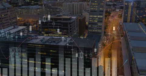 Financial Graphs Overlay on City Skyline at Dusk