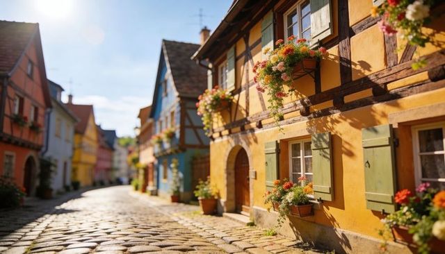 Sunlit Yellow Half-Timbered House with Green Shutters and Geraniums on Cobblestone Street