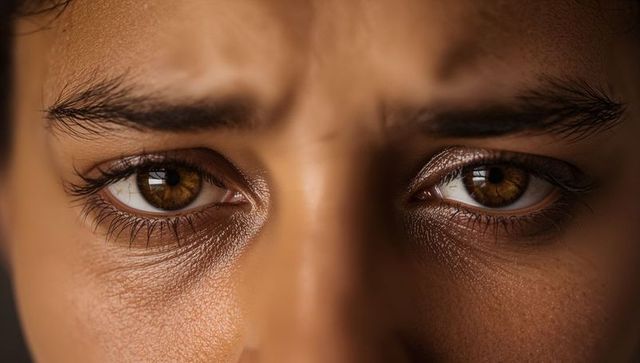 Intense male-presenting close-up of amber eyes and furrowed brow with warm skin texture