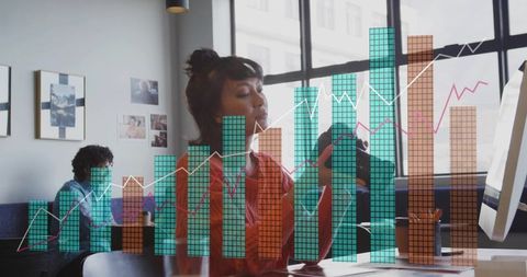 Innovative workspace with business graph overlay