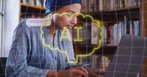 Female student wearing headwrap typing on laptop in library with ai chat and grid overlay
