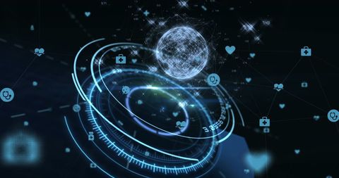 Futuristic Digital Network with Floating Icons on Dark Background - Download Free Stock Images Pikwizard.com