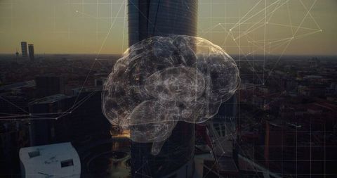Holographic brain surrounding glass tower over city skyline at dusk with neural grid