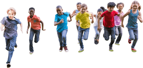 Diverse Group of Children Running on Transparent Background