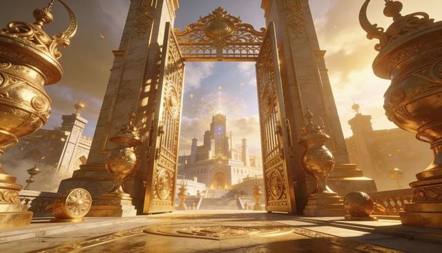 Gilded palace gates opening onto grand marble courtyard with ornate urns and golden light