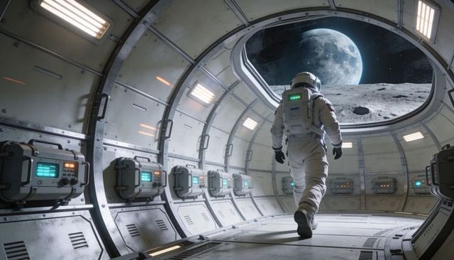 Astronaut walking through curved spacecraft corridor toward open lunar hatch with Earthrise
