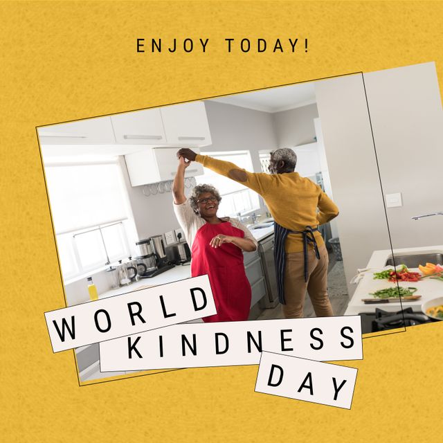 Senior African American couple enjoying a joyful moment dancing in their kitchen on World Kindness Day. Perfect for themes around family, love, happiness, retirement, positive aging, and lifestyle. Could be used in promotions for special days, retirement homes, health and wellness campaigns, and community events.