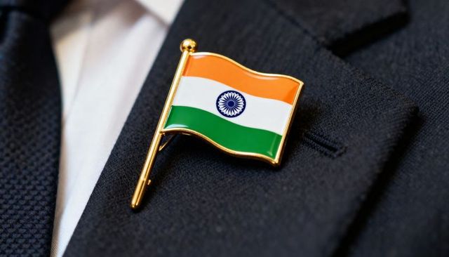 Indian flag enamel lapel pin on navy suit lapel close-up for patriotic attire